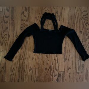 Fashion Nova black long sleeve ribbed choker cropped top size large